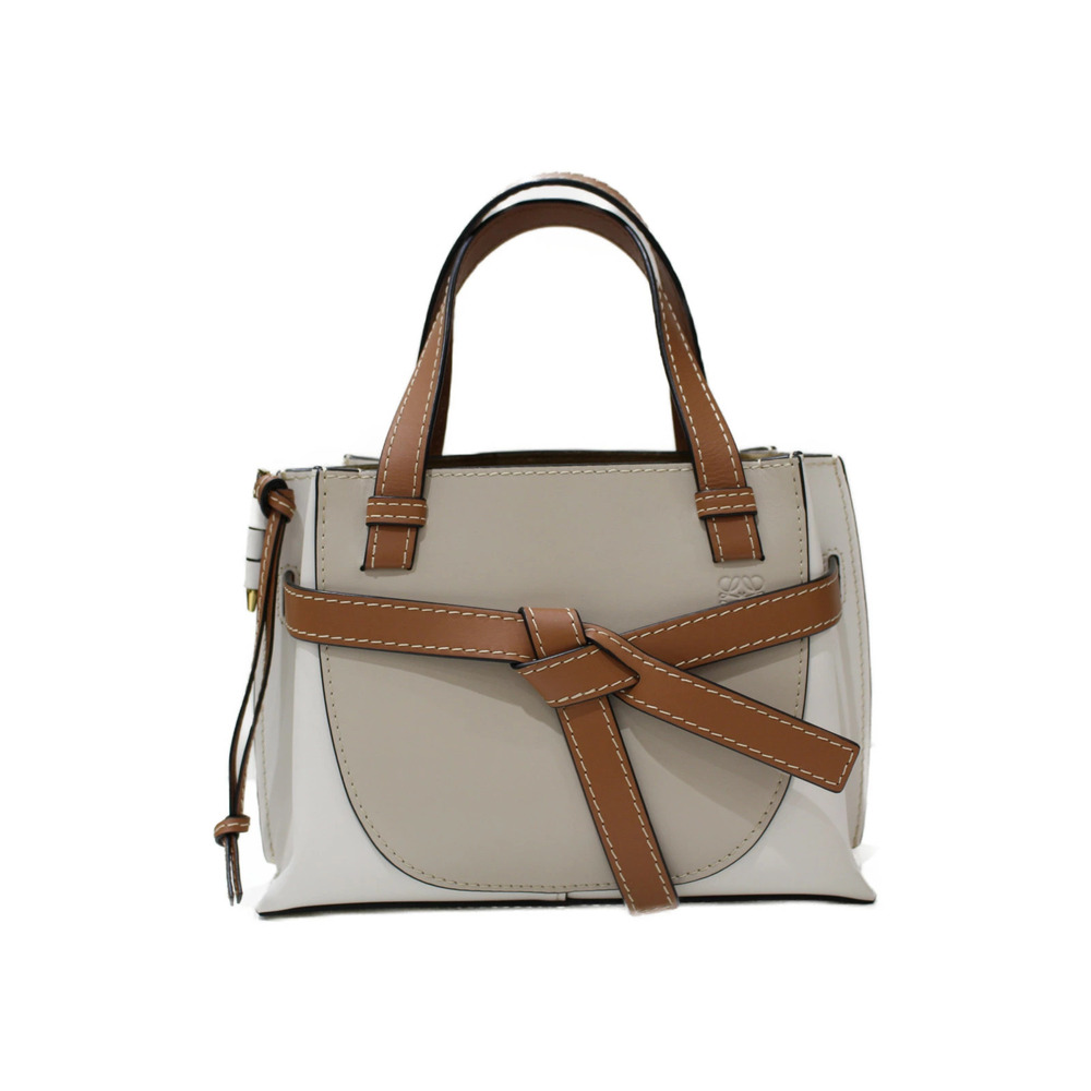 LOEWE Gate Top Handle Bag Calfskin Gray Off White Camel Brown Tan Handbag